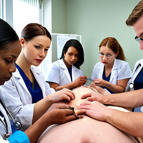 **

A diverse group of healthcare professionals (doctors, nurses, technicians) participating in a hands-on suturing workshop using pig skin. The atmosphere is collaborative and engaging, with some initially skeptical faces turning into expressions of focused concentration and accomplishment. Modern clinic setting in the background. Focus on the practical, interactive nature of the training.

**