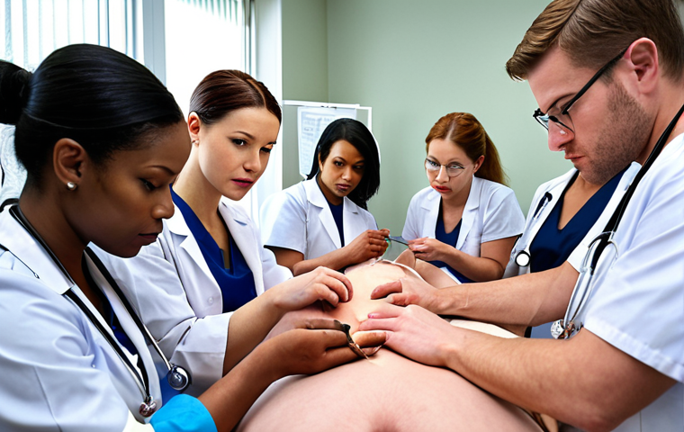 **
A diverse group of healthcare professionals (doctors, nurses, technicians) participating in a hands-on suturing workshop using pig skin. The atmosphere is collaborative and engaging, with some initially skeptical faces turning into expressions of focused concentration and accomplishment. Modern clinic setting in the background. Focus on the practical, interactive nature of the training.
**