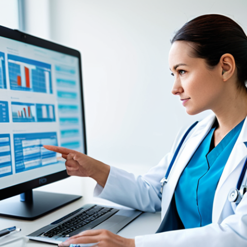A professional female doctor, fully clothed in a modest lab coat over light blue scrubs, seated at a modern, well-lit desk in a contemporary hospital office. She is attentively reviewing patient data on a sleek, large monitor and interacting with a tablet. The background features blurred, clean hospital architecture. The atmosphere is highly professional and efficient, captured with clear, sharp focus. Perfect anatomy, correct proportions, natural pose, well-formed hands, proper finger count, natural body proportions, high-quality, professional photography, safe for work, appropriate content, fully clothed, family-friendly.