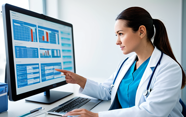 A professional female doctor, fully clothed in a modest lab coat over light blue scrubs, seated at a modern, well-lit desk in a contemporary hospital office. She is attentively reviewing patient data on a sleek, large monitor and interacting with a tablet. The background features blurred, clean hospital architecture. The atmosphere is highly professional and efficient, captured with clear, sharp focus. Perfect anatomy, correct proportions, natural pose, well-formed hands, proper finger count, natural body proportions, high-quality, professional photography, safe for work, appropriate content, fully clothed, family-friendly.
