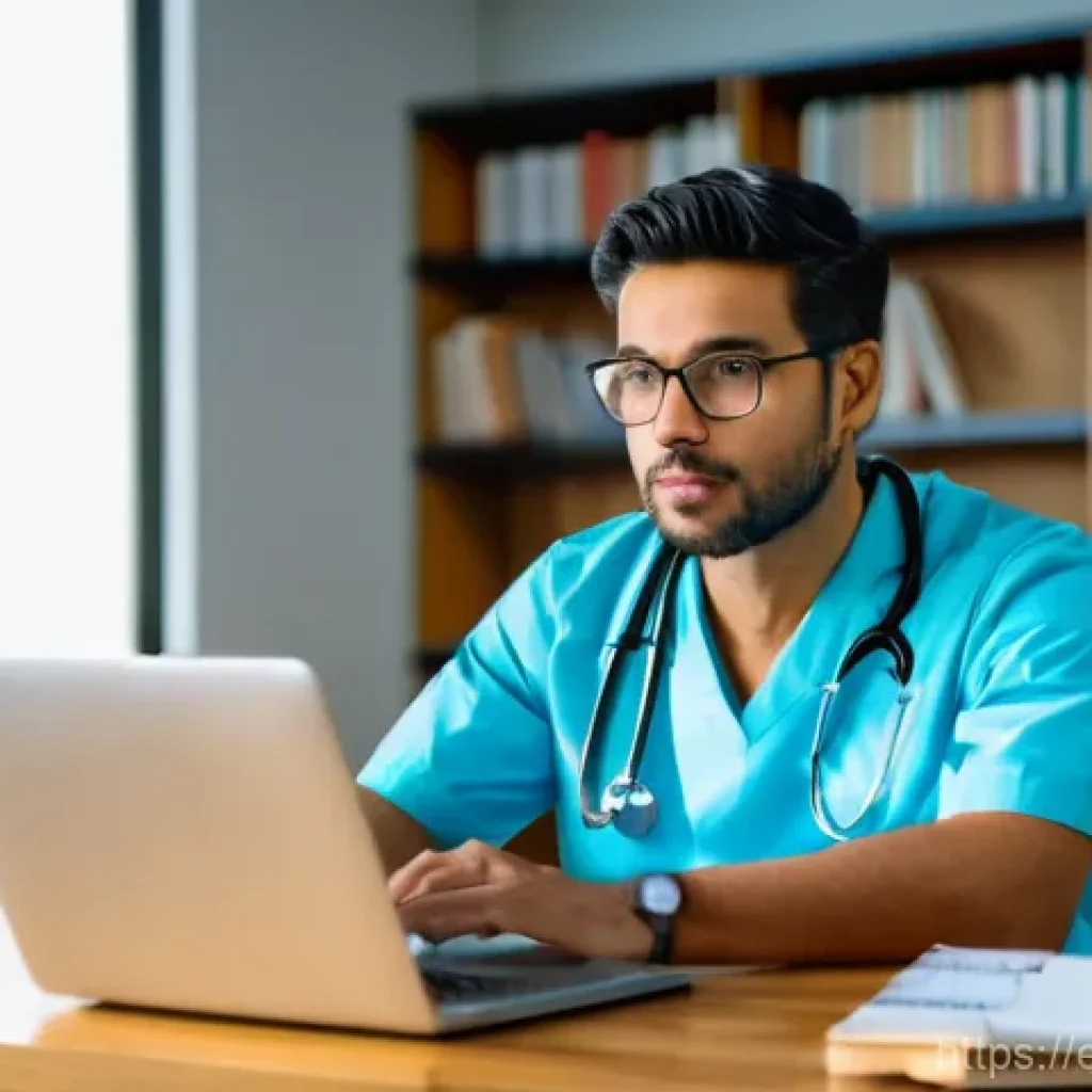 의료직에서의 자기계발 - **Continuous Learning and Professional Development:**
    A determined male doctor in his late 30s, ...