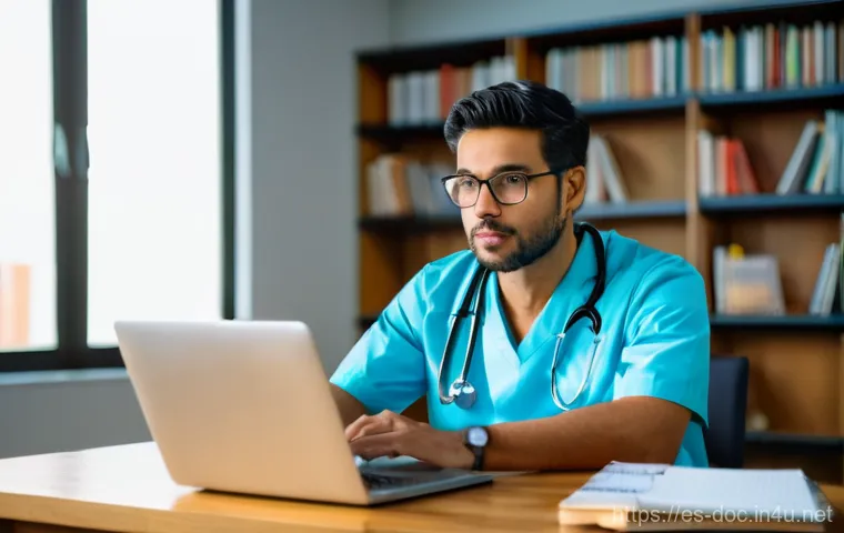 의료직에서의 자기계발 - **Continuous Learning and Professional Development:**
    A determined male doctor in his late 30s, ...