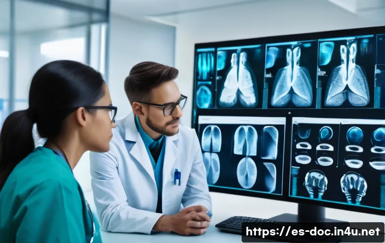 의료 진단 사례 분석 - A detailed clinical setting showing a diverse group of medical professionals, including a male docto...