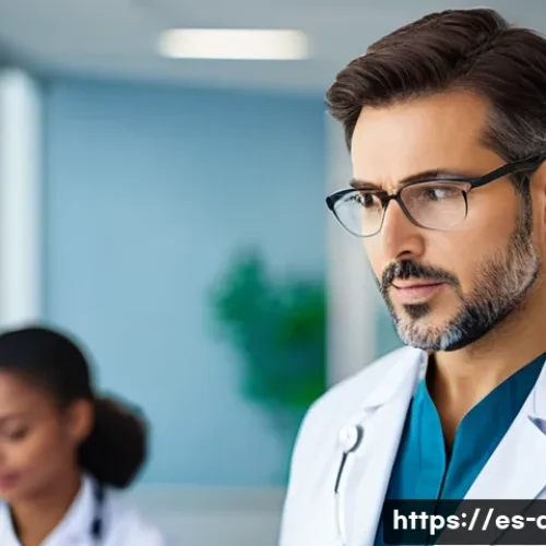 의사 이직 성공 전략 - A professional Spanish doctor in a modern public hospital setting, wearing a white coat and stethosc...