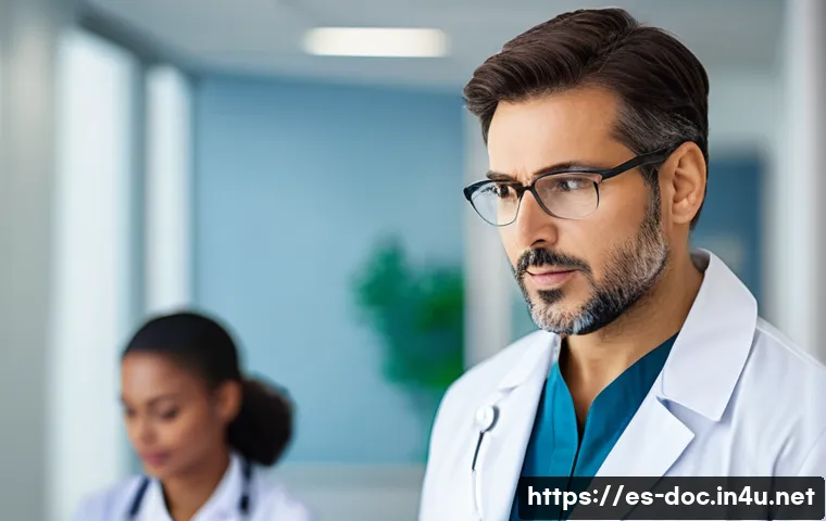 의사 이직 성공 전략 - A professional Spanish doctor in a modern public hospital setting, wearing a white coat and stethosc...