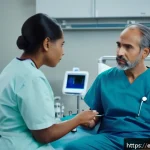 의료직 첫 근무에서 배운 점 - A compassionate healthcare professional attentively listening to a middle-aged Hispanic patient in a...