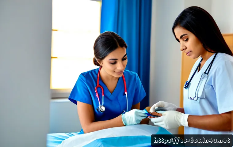 의료 실습 중 겪은 사건과 교훈 - Photorealistic hospital training scene in a modern Spanish-speaking city, young medical intern weari...