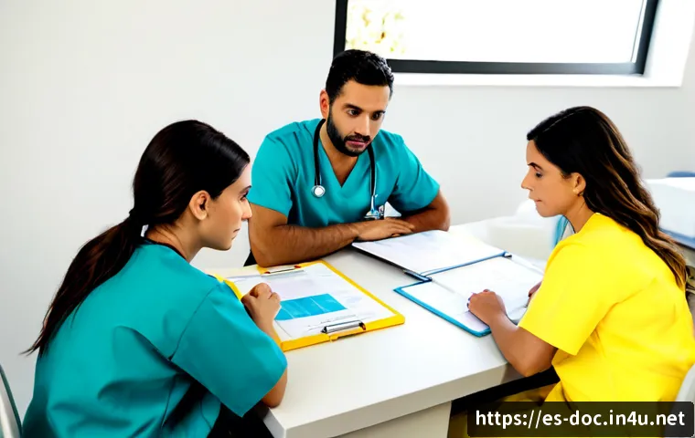 의료 현장에서 겪는 사례 정리 - Photorealistic healthcare case review in a modern Spanish public clinic, a diverse team of doctor, n...