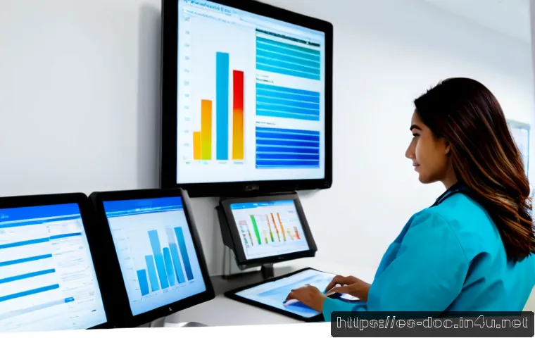 의료 데이터 분석의 기본 - Photorealistic healthcare data analysis workspace in a modern Spanish hospital, Hispanic female data...